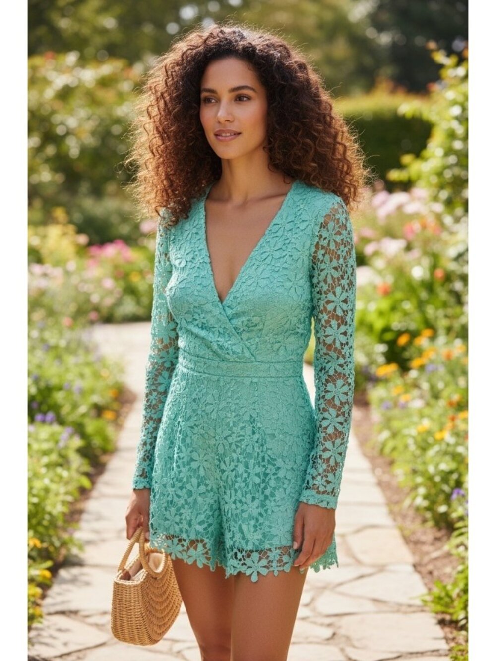 Southern Fried Chics Mint Green Floral Lace Shorts Romper